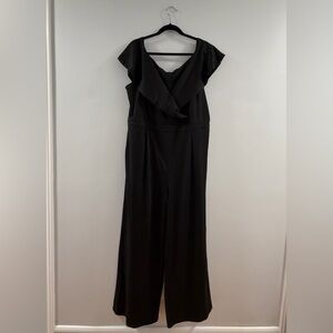 SHIEN Elegant Black Wide-Leg Jumpsuit with Wrap Neckline & Pockets - 4XL